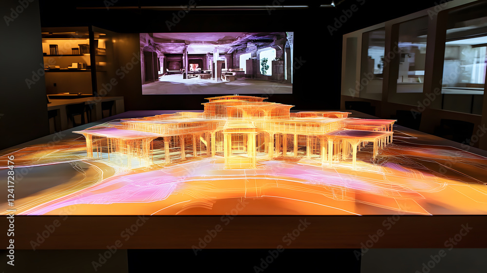 Aufkleber a luminous architectural model of a grand mansion sits on an illuminated table, its wireframe struct