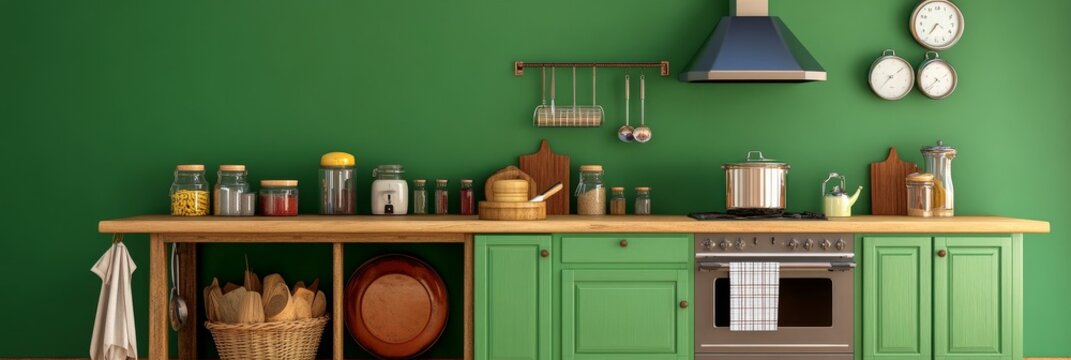 A 1940s Style Green Kitchen - Rustic charm meets modern functionality. This image evokes feelings of home-cooked meals, vintage style