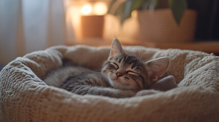 A cat is sleeping in a bed
