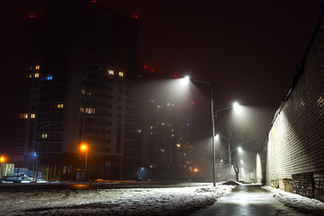 Skyscrapers at early foggy morning in the city district. Flock of birds flying over.