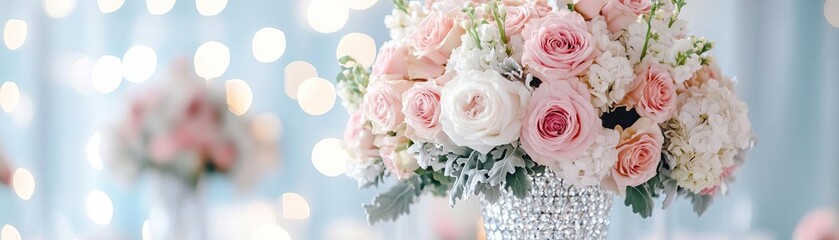 Obraz premium Luxury wedding setup with crystal decor and high floral centerpieces