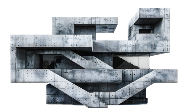 Brutalist architectural structure made of exposed and unrefined concrete. The design is geometric, with interconnected rectangular and cubic volumes, pronounced angular staircases and open corridors.