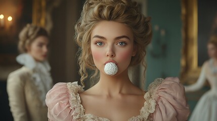 Woman, 18th-century dress, palace, chewing, two women background, historical portrait