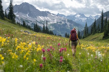 Fototapeta premium Woman hiking through meadow in mountain landscape.