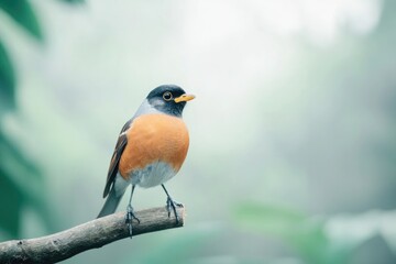 Fototapeta premium macro shot of robin perched on branch with its bright feathers in focus