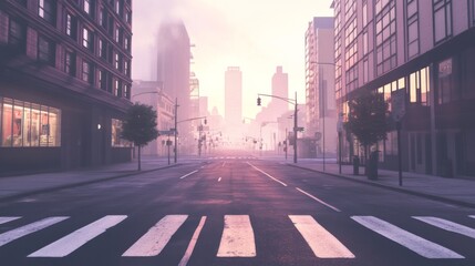 Empty city street at dawn, misty sunrise, urban landscape, background for travel brochures