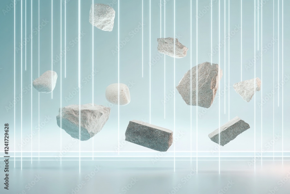 Poster bold abstract design featuring decorative stones suspended in grid of glowing lines surrounded by so