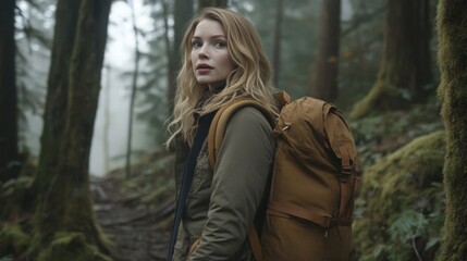 Obraz premium Woman Backpacker Hiking in Misty Forest