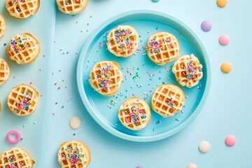 Colorful mini waffles with rainbow sprinkles on blue background