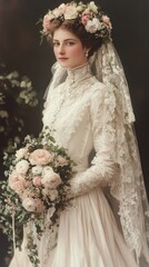 Bride with floral crown posing softly in a garden during golden hour
