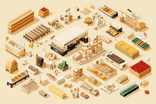 A Colorful Isometric Illustration of a Grocery Market