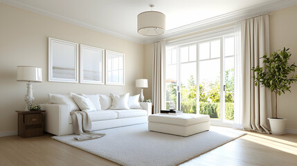 Bright living room, white sofa, garden view, sunlit interior, home design