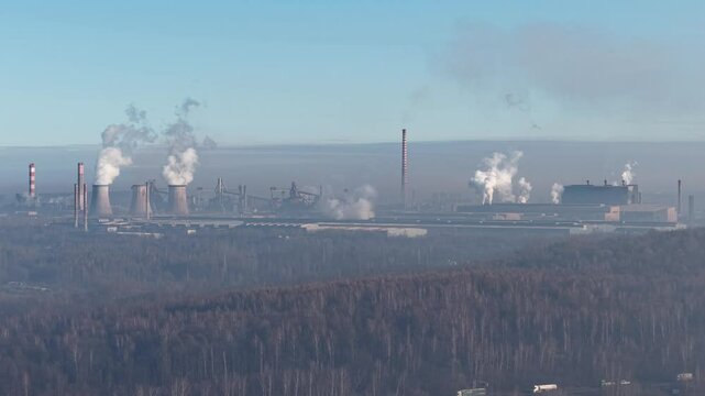 Poland - Aerial View of ArcelorMittal Steel Plant in Dąbrowa G&oacute;rnicza. Industrial Landscape With Smokestacks and Emissions.