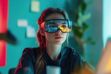 Young woman uses futuristic AR glasses, displaying digital data overlays in a vibrant workspace.