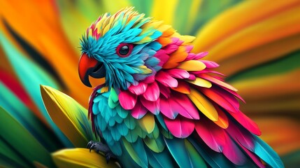 Fototapeta premium A colorful parrot with a red beak is perched on a leaf