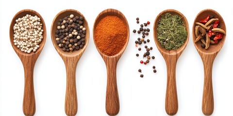 Set different spices, grain white pepper, dry chopped dill, mix garam masala in wooden spoon isolated on white background