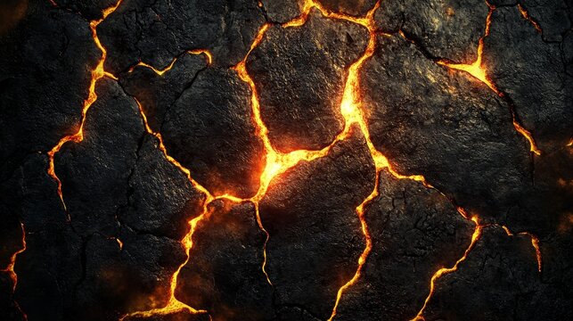 A black and orange image of a cracked rock with fire coming out of it