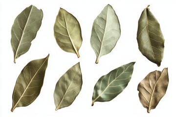 Set dried green bay leaves isolated on white background