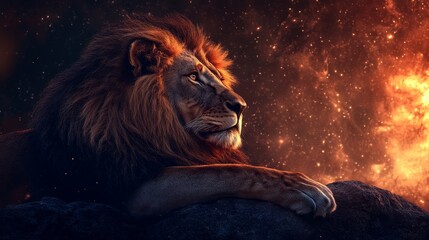 Naklejka premium A lion is laying on a rock in front of a starry sky