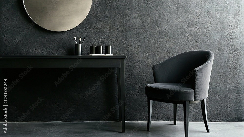 Poster a chair sits in front of a table with a mirror reflecting the scene and a candle holder in front