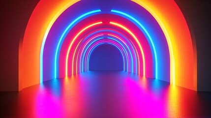 A neon colored tunnel with a blue wall