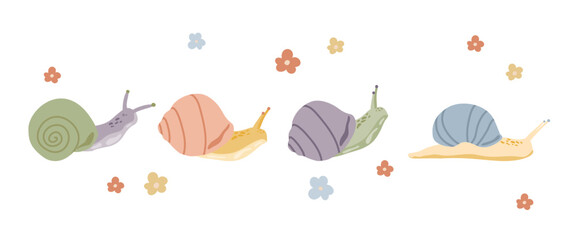 Set of snails with colorful pastel shells crawling. Hand drawn vector illustration clipart isolated on transparent background. Perfect for spring decoration designs.