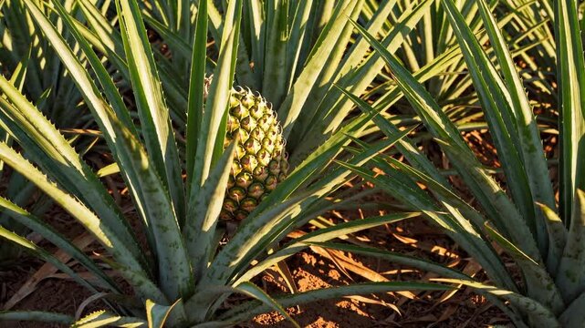 close-up of a thriving pineapple field bathed in warm daylight. 