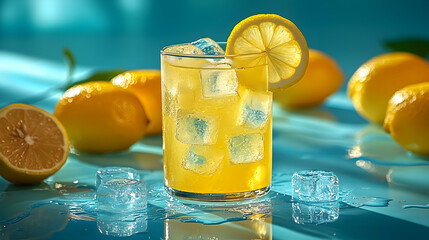 Iced lemonade drink, lemon slices, ice cubes, summer refreshment, blue background, studio shot, beverage advertising