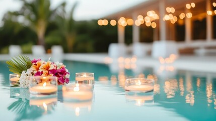 Poolside wedding setup with floating candles and tropical flowers