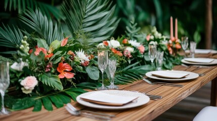 Obraz premium Rainforest wedding setup with lush greenery, tropical flowers, and natural wood decor