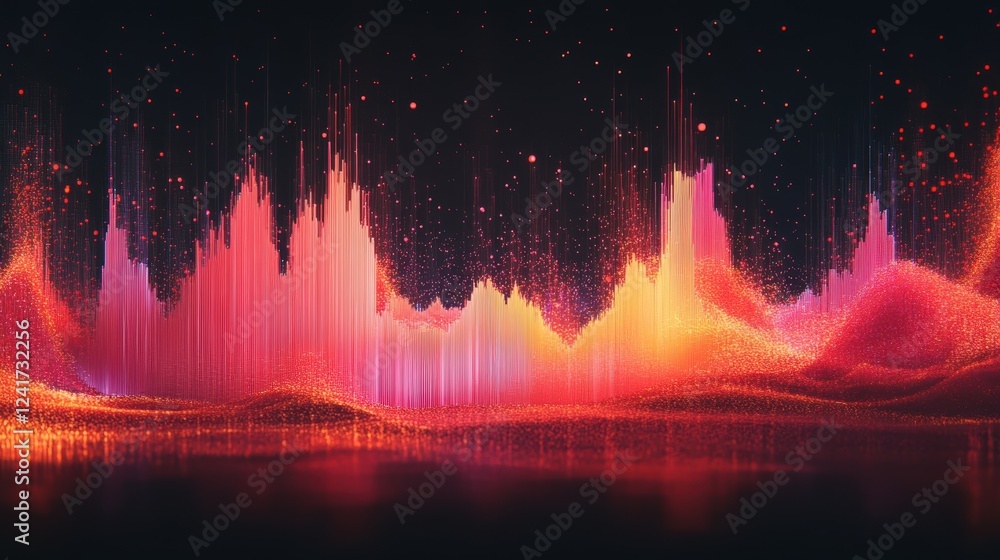 Poster colorful particle stripes are falling on a dark surface, creating a vibrant wave pattern with a grad