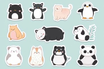 Cute animal stickers featuring diverse designs and playful expressions on a light blue background. Generative AI