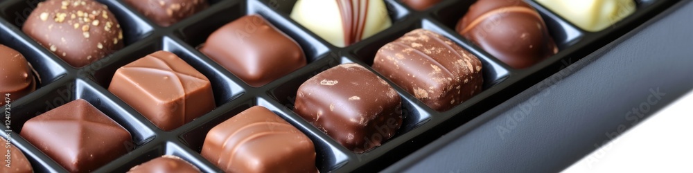 Poster a close up view of a tray filled with assorted chocolates, perfect for showcasing in a bakery or caf
