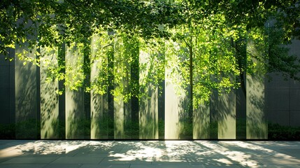   A room featuring a tree-covered wall and a central bench