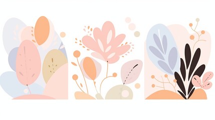  organic shapes and floral elements in pastel colors, presented in a triptych format on a white background