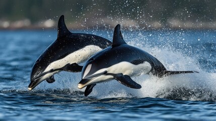 Fototapeta premium Two Pacific White-sided Dolphins Leaping from the Ocean