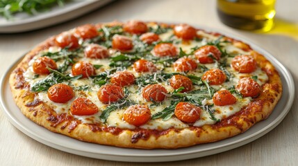 Delicious margherita pizza topped with fresh tomatoes and basil on a rustic plate