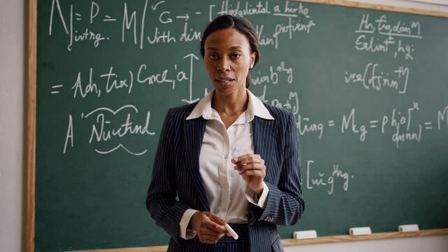 of a confident female science professor standing in front of a large chalkboard filled with complex equations, diagrams, and scientific notations. 