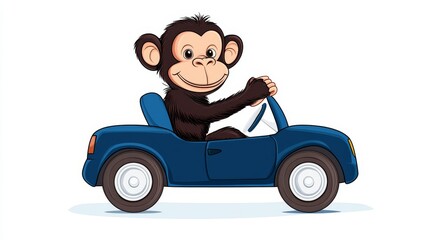 Fototapeta premium Chimpanzee Driving a Blue Car - A cheerful chimpanzee sits in a small blue car, smiling happily while holding the steering wheel.