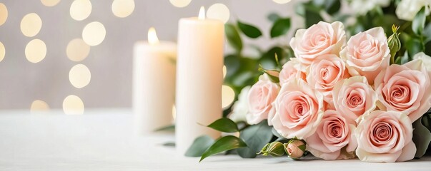 Romantic wedding setup with soft pink roses and candlelight