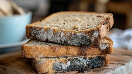 Slices of bread with visible traces of mold on the surface lie on a wooden board, close-up.