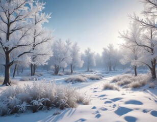 Obraz premium Frosty landscape of snow-covered trees and frozen plants, snow-covered trees, hoarfrost, rime