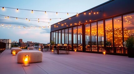 Rooftop wedding reception with string lights and modern decor
