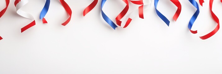 Fototapeta premium Festive Red White Blue Ribbons - Colorful ribbons in red, white, and blue arranged on a white background. Perfect for patriotic celebrations or festive designs.