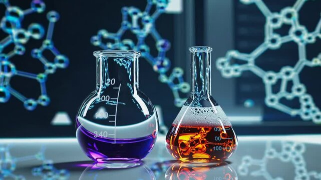 seamless looping animation of a science laboratory featuring a beaker and flask filled with colorful, reactive chemicals. 