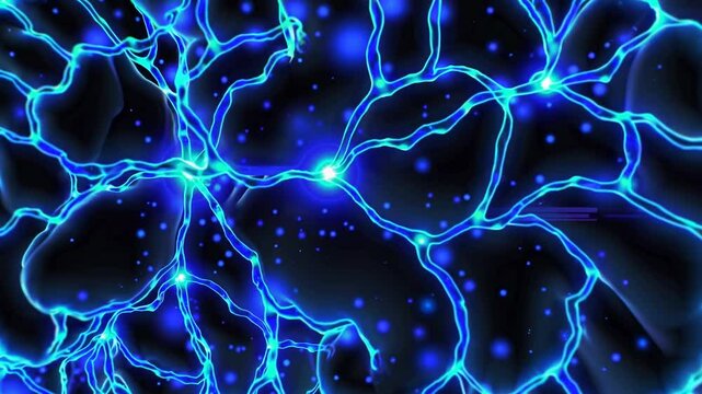 close-up of a glowing blue neural network, showcasing intricate synapses actively transmitting information within the brain.