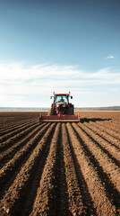 Fototapeta premium Modern Tractor Plowing Fields: Preparing the Soil for a Bountiful Harvest under a Clear Sky