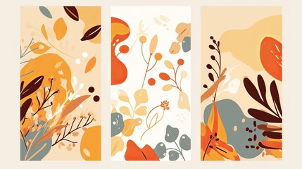 Naklejka premium organic shapes and floral elements in pastel colors, presented in a triptych format on a white background