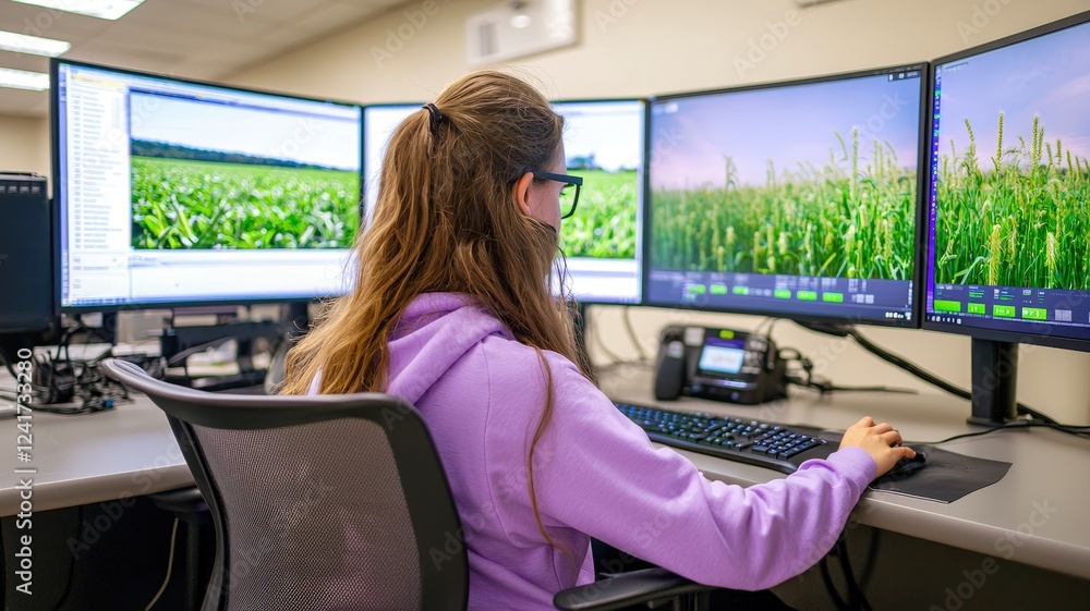 Poster a woman works at a desk with multiple monitors displaying a green field, engaged in analysis or data