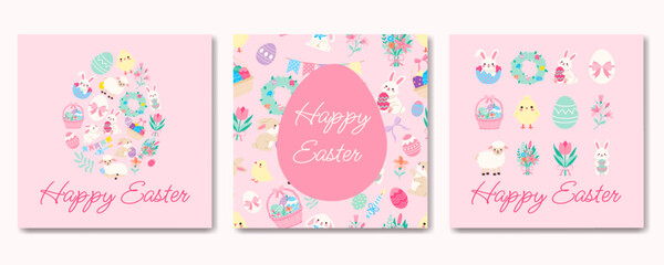 A set of three Easter cards with a pink background and a white border. The cards feature various Easter-themed images, including a bunny, a basket, and a wreath